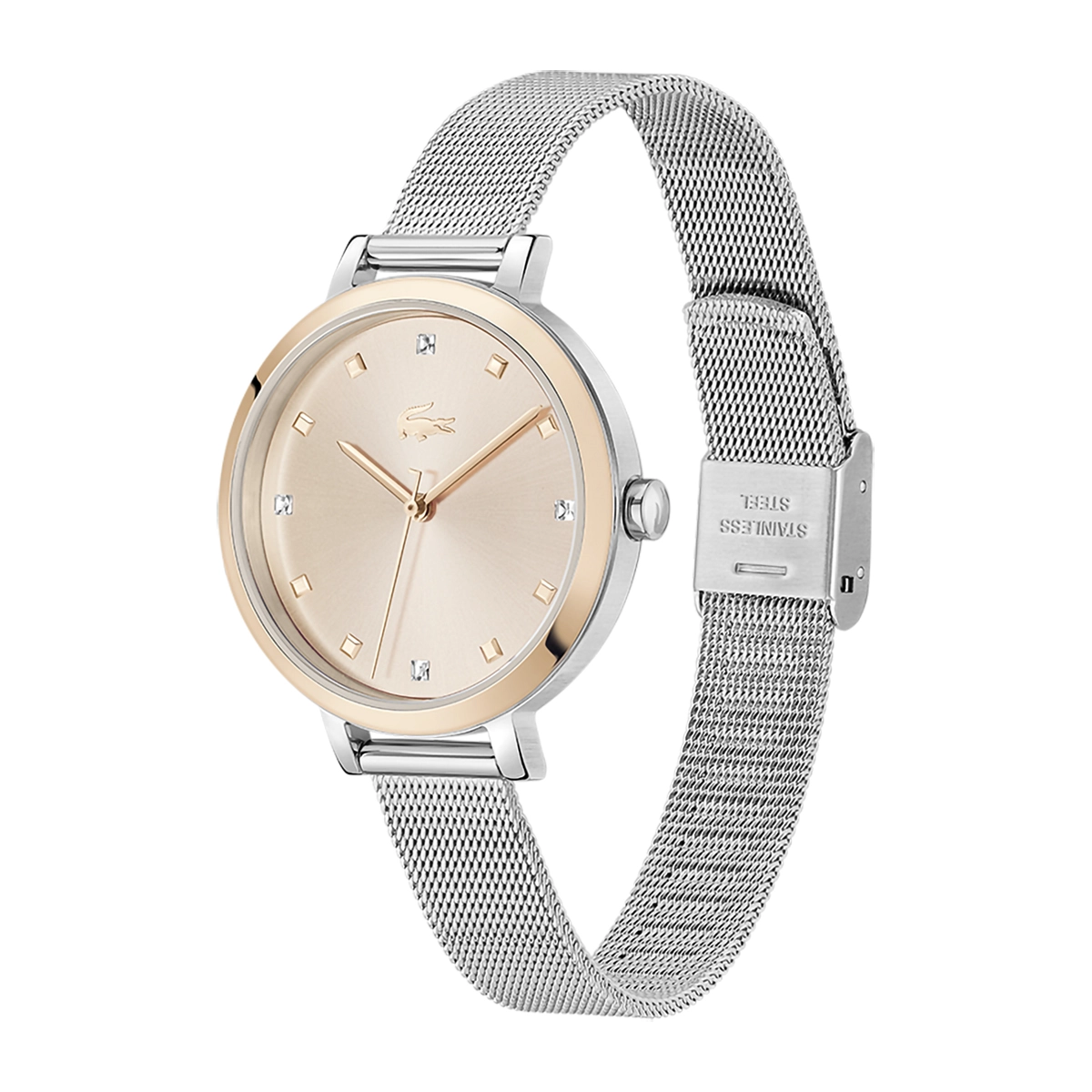 Reloj Lacoste analogo, para Dama, tablero redondo colores rosa y plateado, estilo puntos, pulso acero color plateado