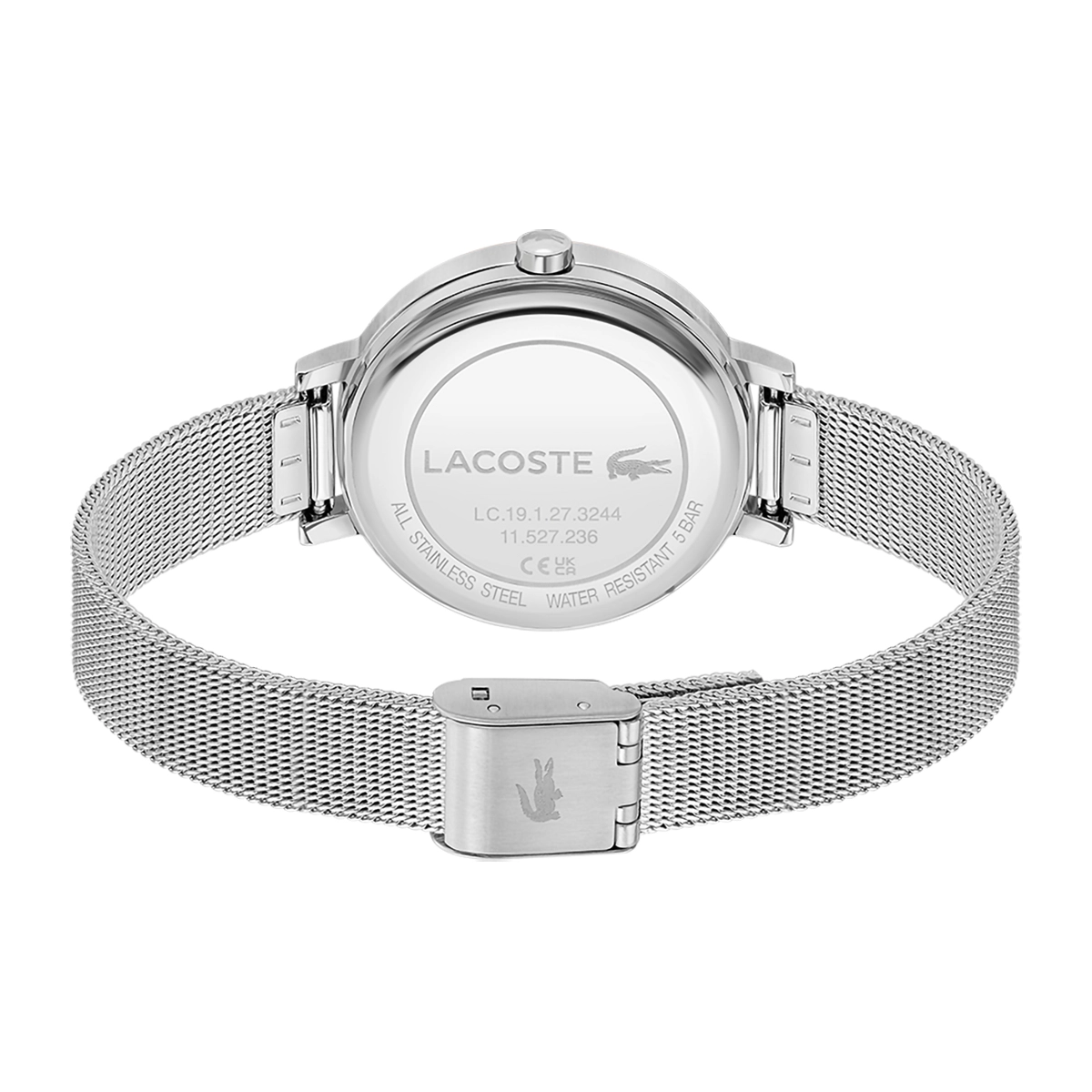 Reloj Lacoste analogo, para Dama, tablero redondo colores rosa y plateado, estilo puntos, pulso acero color plateado