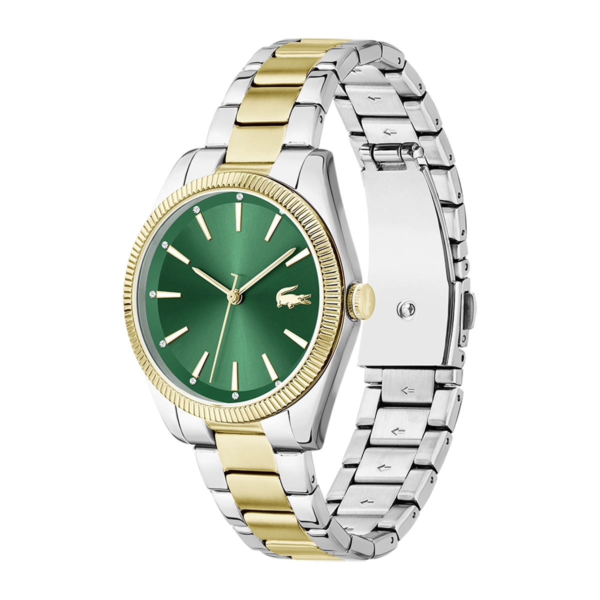 Reloj Lacoste analogo, para Dama, tablero redondo color verde, estilo index, pulso acero colores plateado y dorado