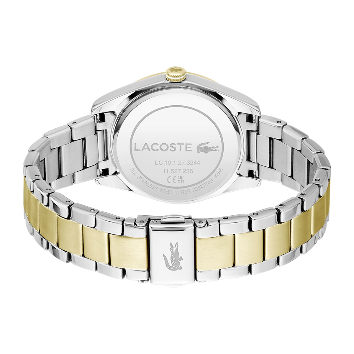 Reloj Lacoste analogo, para Dama, tablero redondo color verde, estilo index, pulso acero colores plateado y dorado