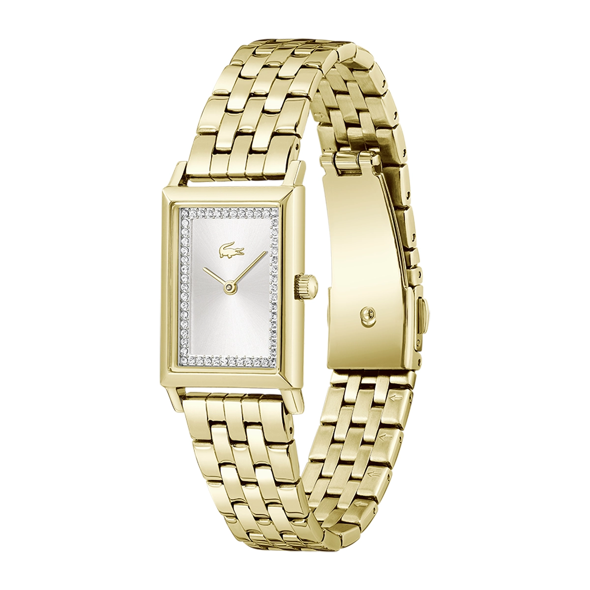 Reloj Lacoste análogo, para Dama, tablero rectangular color plateado, estilo sin números, pulso acero color dorado