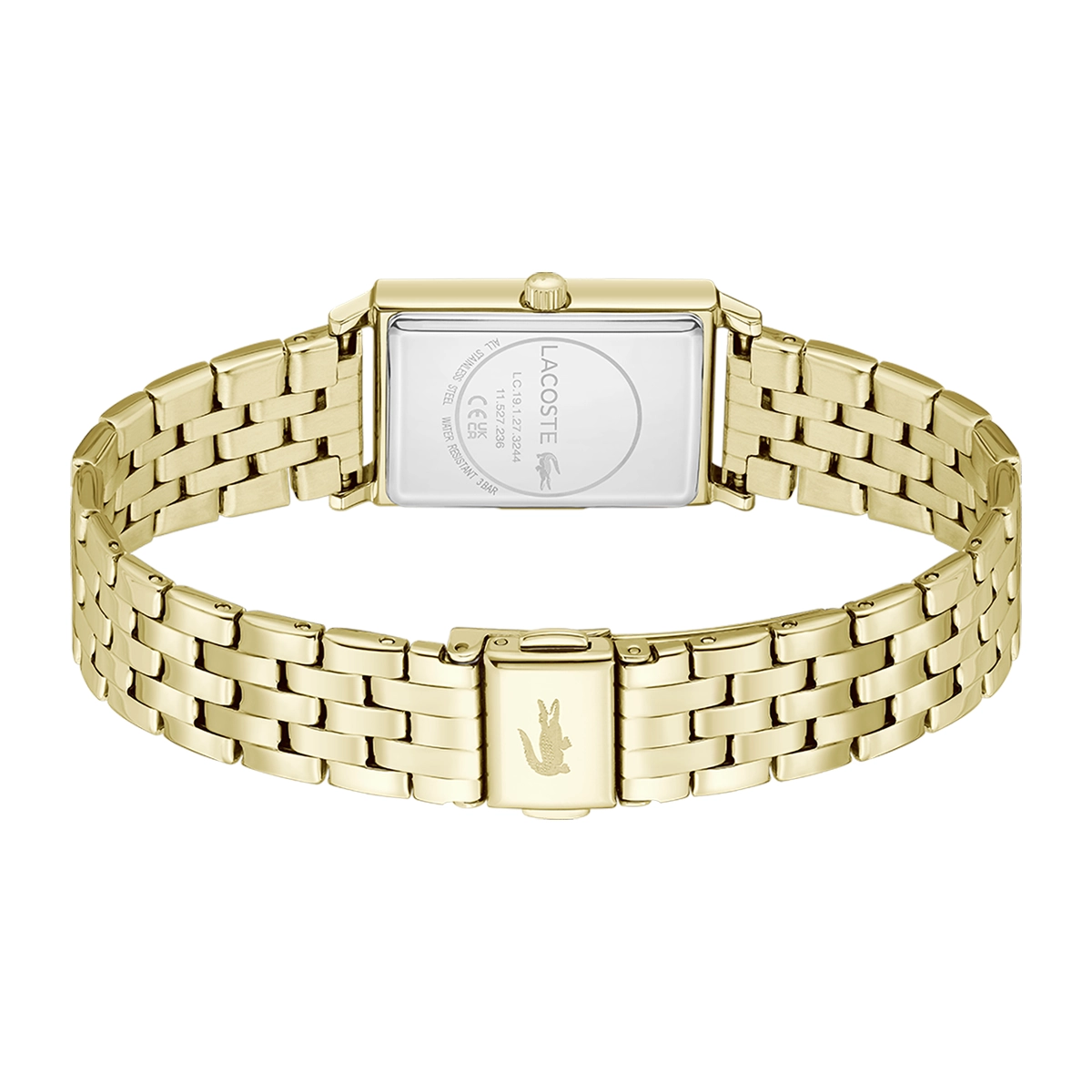 Reloj Lacoste análogo, para Dama, tablero rectangular color plateado, estilo sin números, pulso acero color dorado