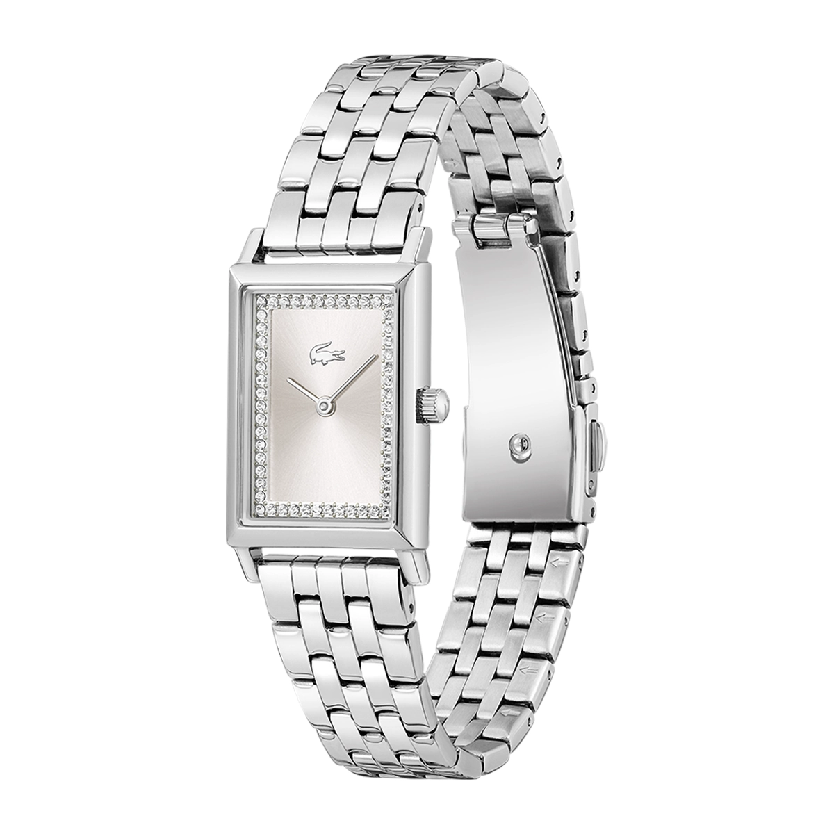 Reloj Lacoste análogo, para Dama, tablero rectangular color rosado, estilo sin números, pulso acero color plateado