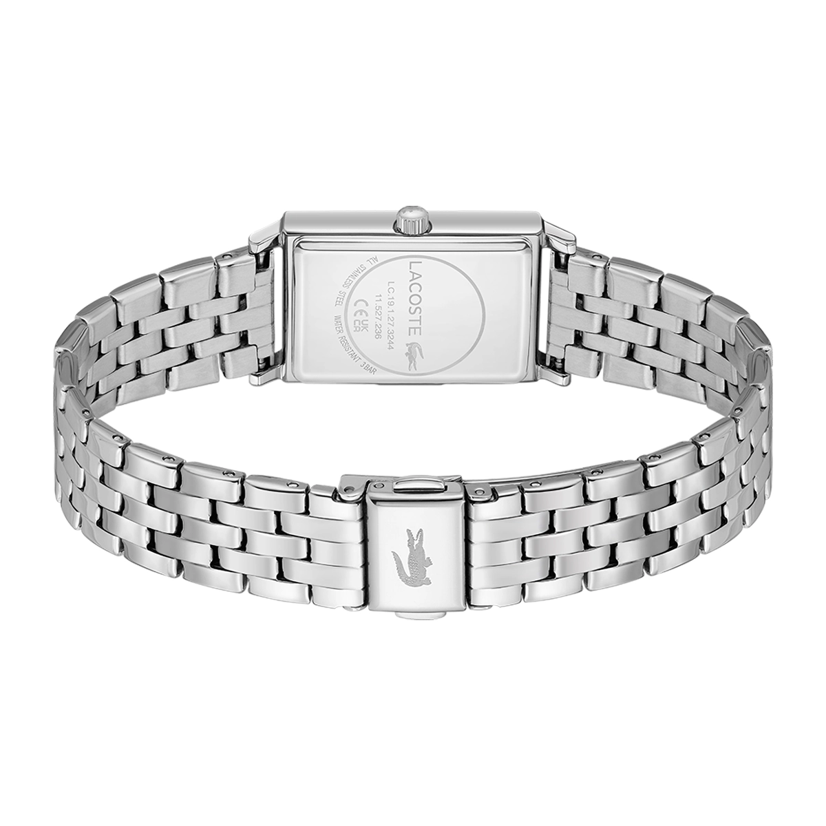 Reloj Lacoste análogo, para Dama, tablero rectangular color rosado, estilo sin números, pulso acero color plateado
