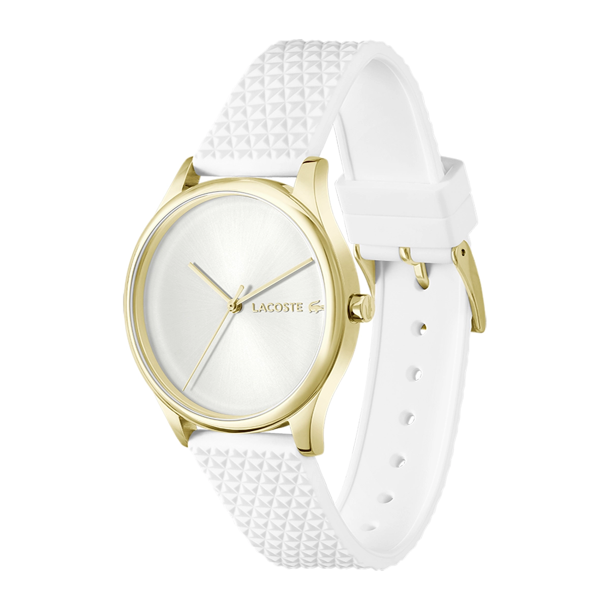 Reloj Lacoste análogo, para Dama, tablero redondo color plateado, estilo sin números, pulso silicona color blanco