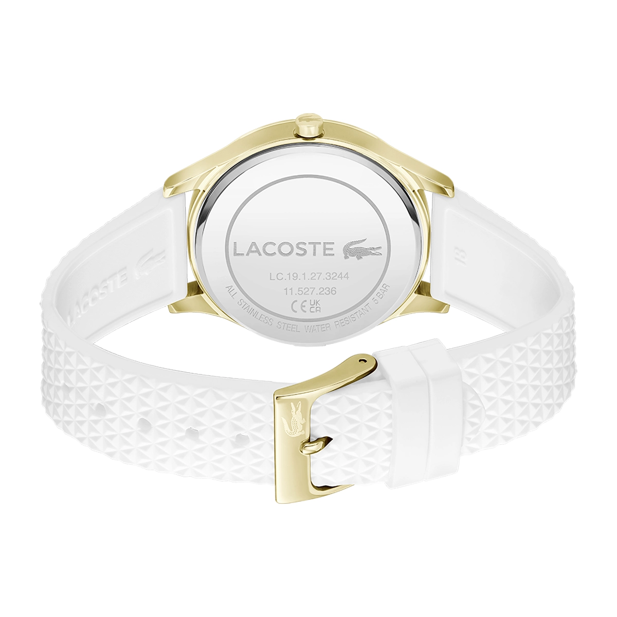 Reloj Lacoste análogo, para Dama, tablero redondo color plateado, estilo sin números, pulso silicona color blanco
