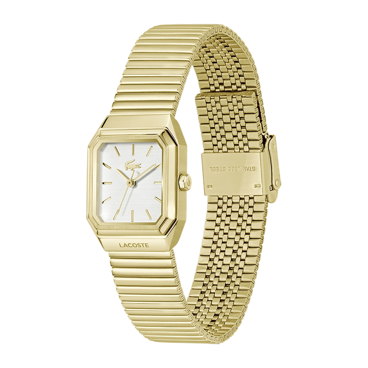 Reloj Lacoste análogo, para Dama, tablero rectangular color plateado, estilo index, pulso acero color dorado