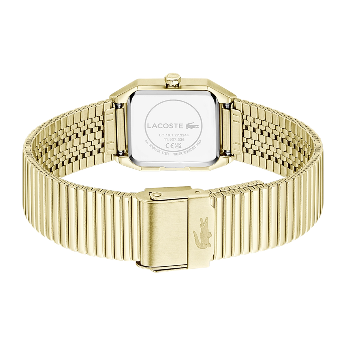 Reloj Lacoste análogo, para Dama, tablero rectangular color plateado, estilo index, pulso acero color dorado