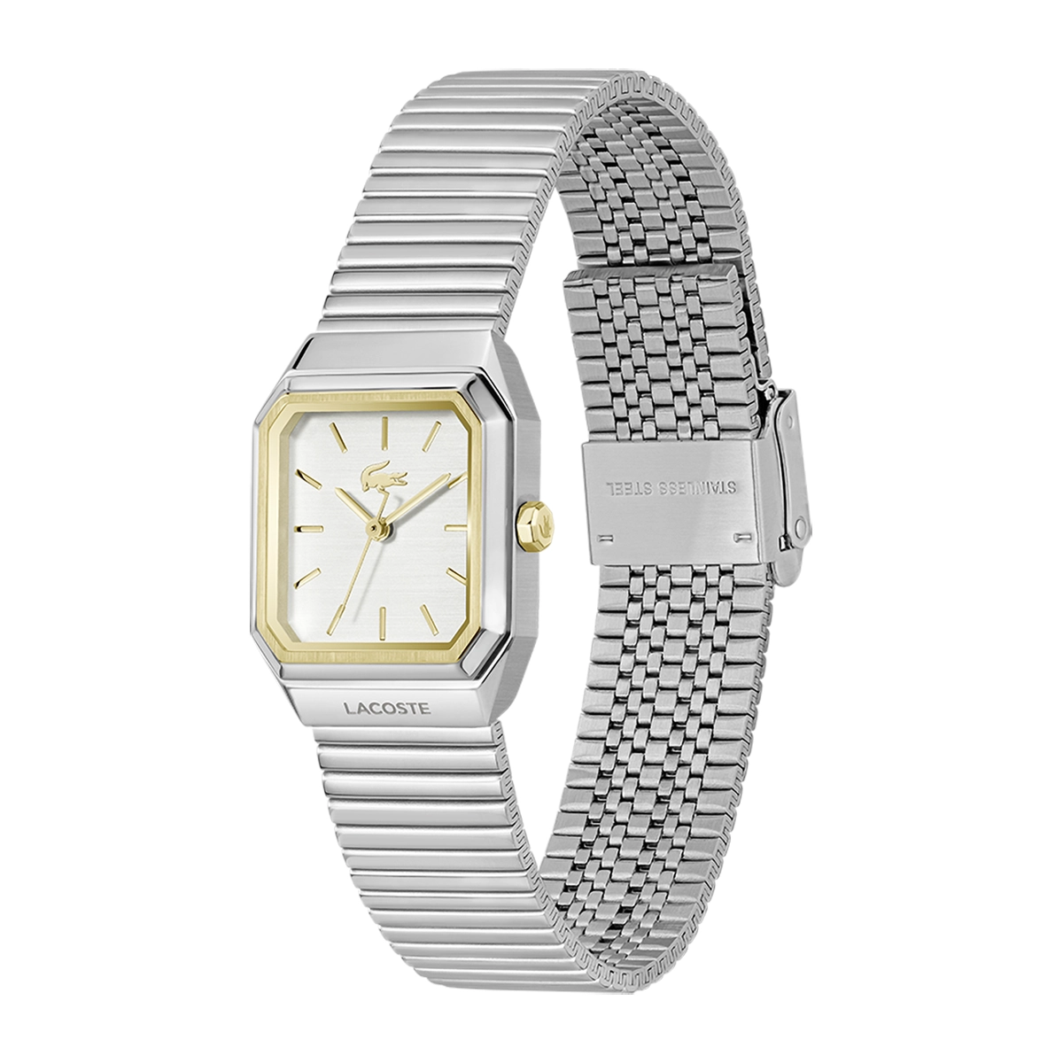 Reloj Lacoste análogo, para Dama, tablero rectangular color plateado, estilo index, pulso acero color plateado