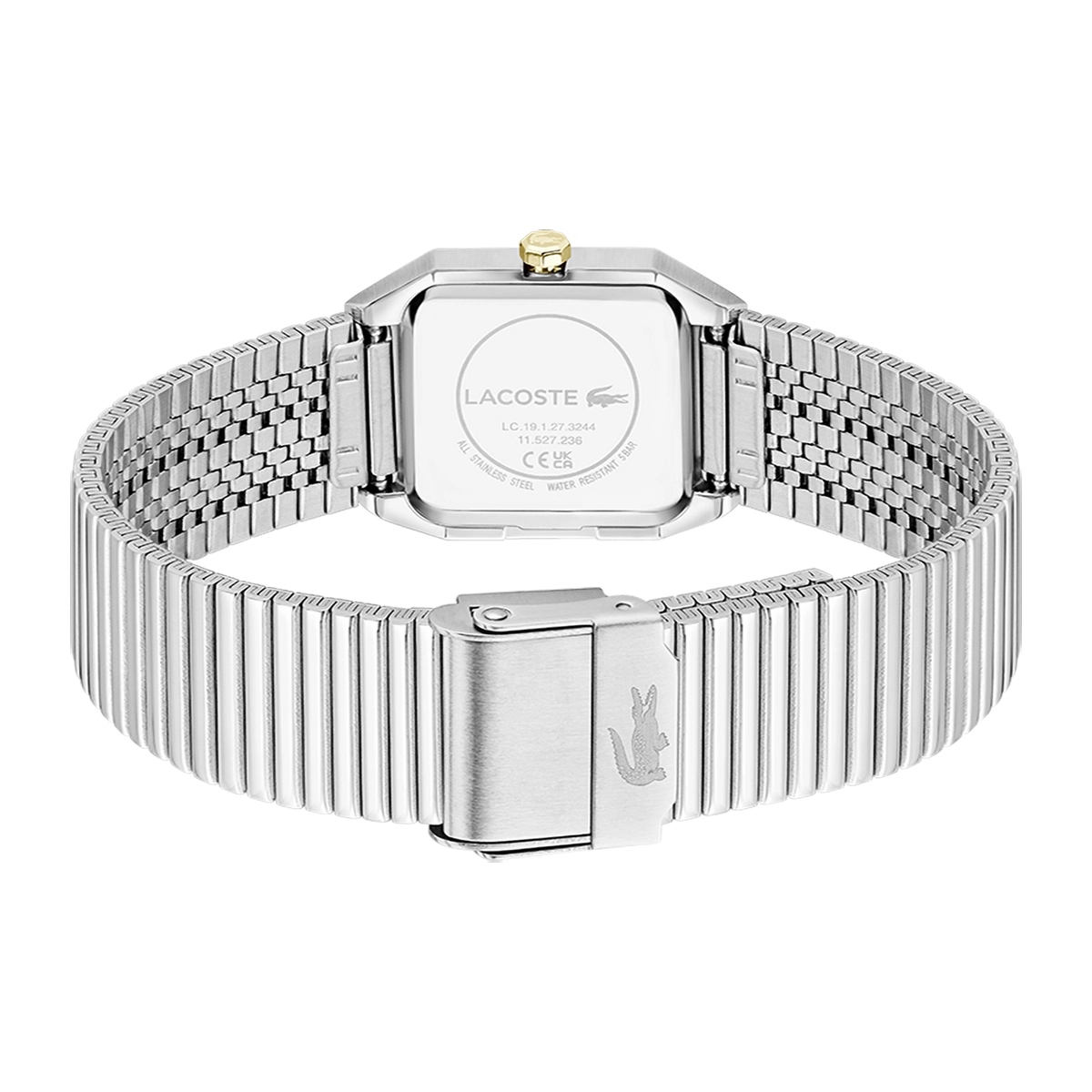Reloj Lacoste análogo, para Dama, tablero rectangular color plateado, estilo index, pulso acero color plateado