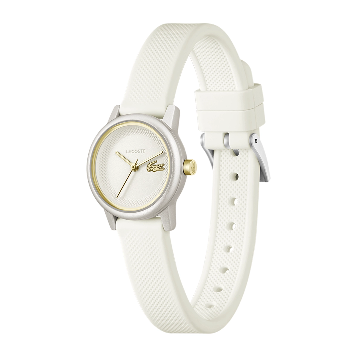 Reloj Lacoste análogo, para Dama, tablero redondo color beige, estilo sin números, pulso silicona color beige