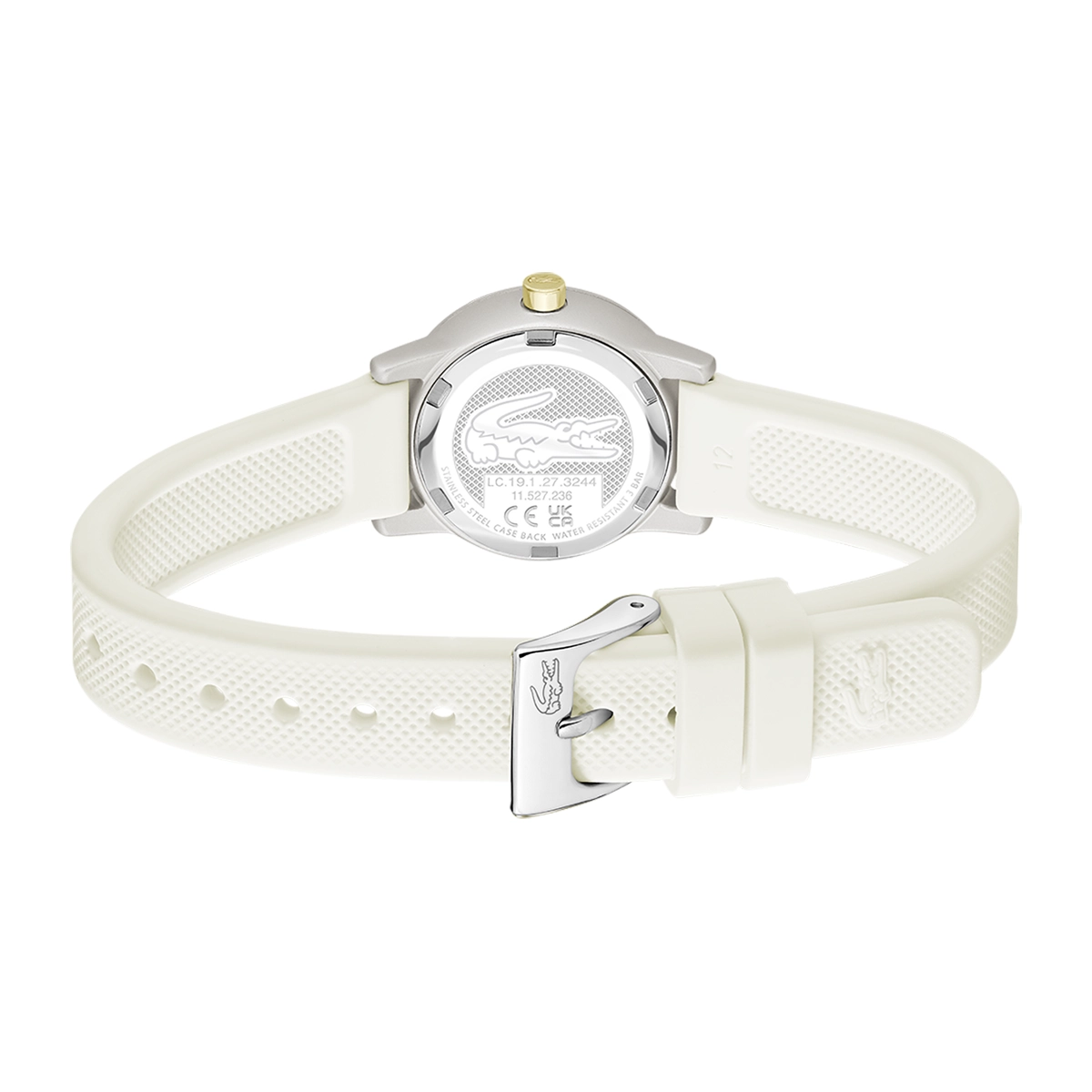 Reloj Lacoste análogo, para Dama, tablero redondo color beige, estilo sin números, pulso silicona color beige