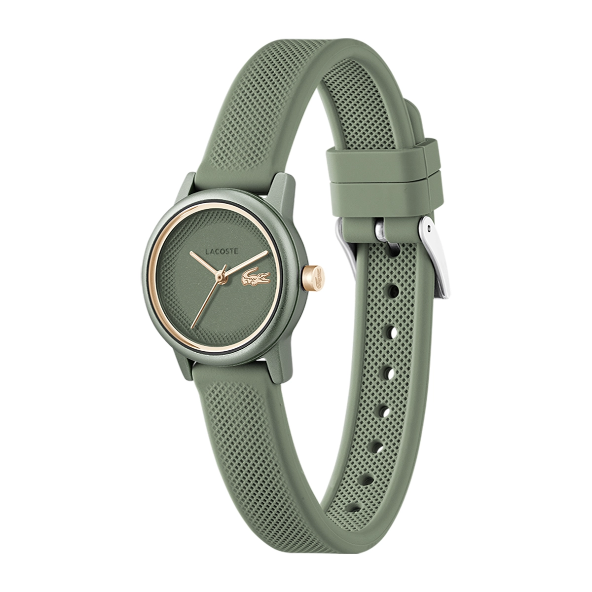 Reloj Lacoste análogo, para Dama, tablero redondo colores verde y dorado, estilo sin números, pulso silicona color verde