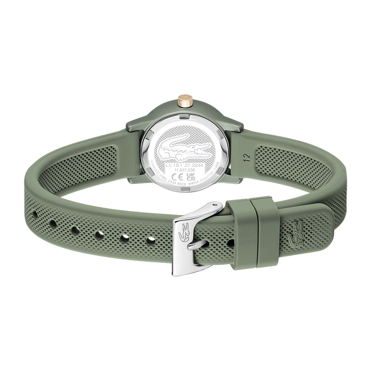 Reloj Lacoste análogo, para Dama, tablero redondo colores verde y dorado, estilo sin números, pulso silicona color verde