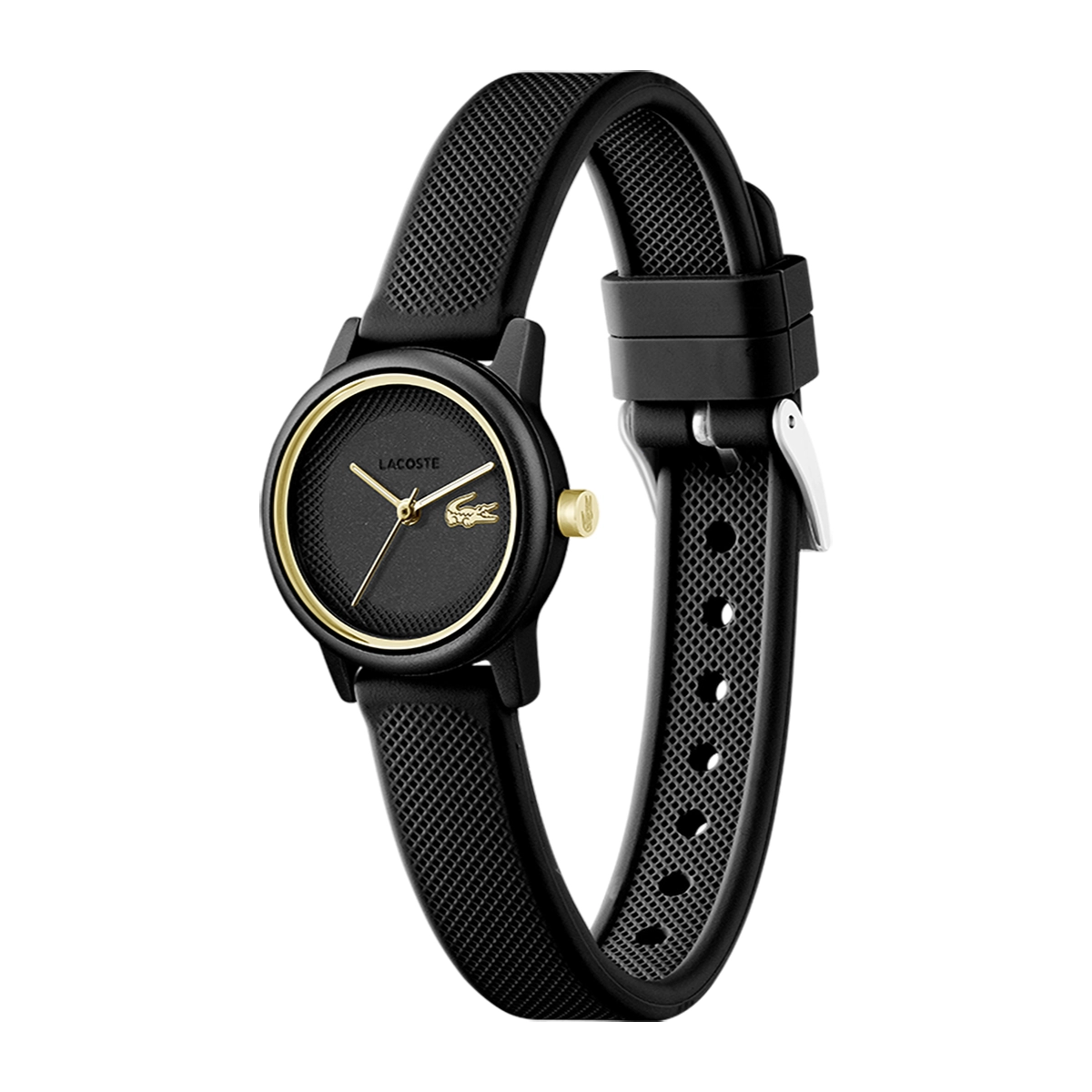 Reloj Lacoste análogo, para Dama, tablero redondo colores negro y dorado, estilo sin números, pulso silicona color negro