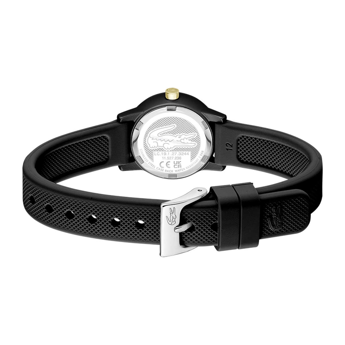 Reloj Lacoste análogo, para Dama, tablero redondo colores negro y dorado, estilo sin números, pulso silicona color negro
