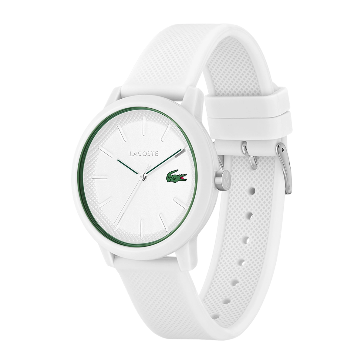Reloj Lacoste análogo, para Hombre, tablero redondo colores blanco y verde, estilo index, pulso silicona color blanco