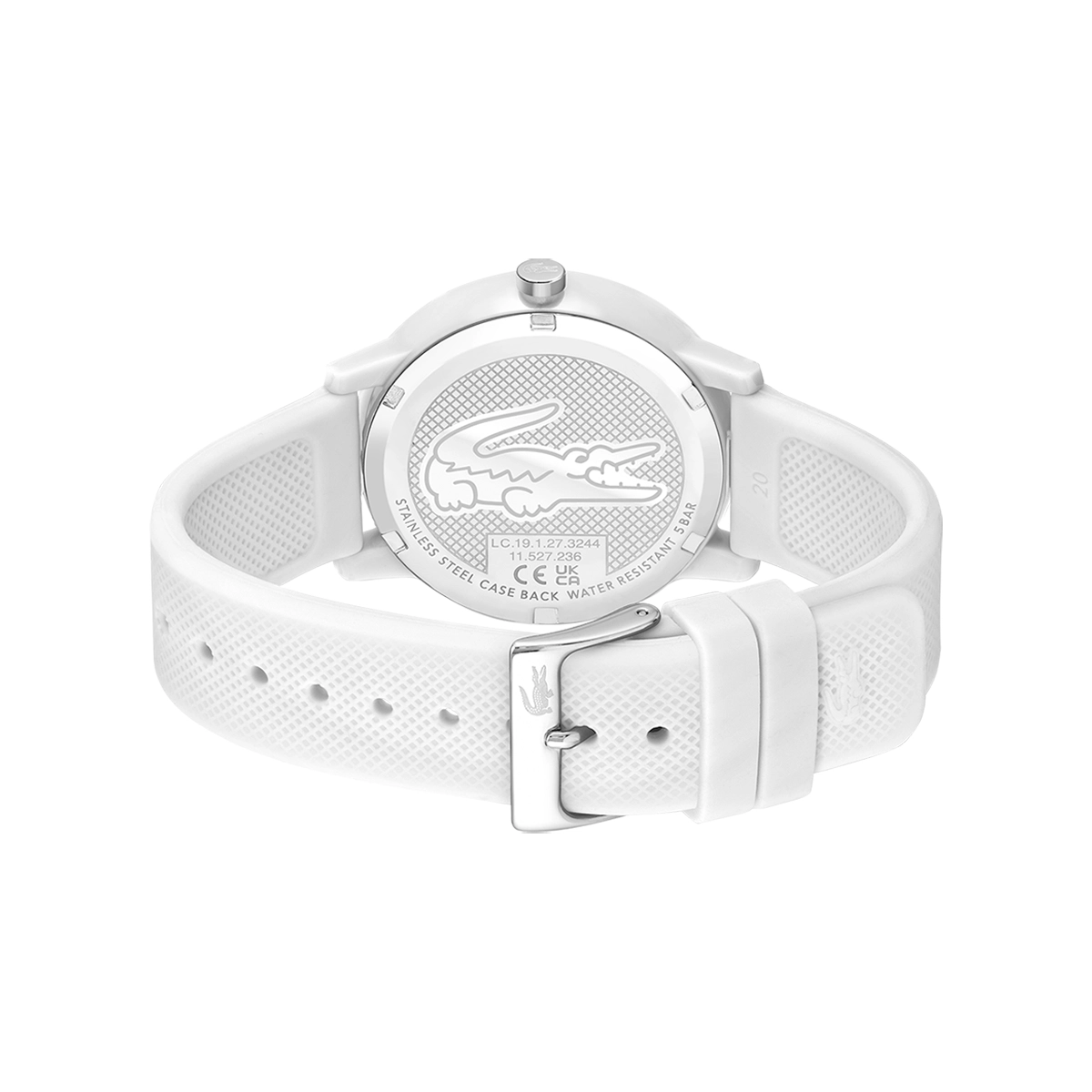 Reloj Lacoste análogo, para Hombre, tablero redondo colores blanco y verde, estilo index, pulso silicona color blanco