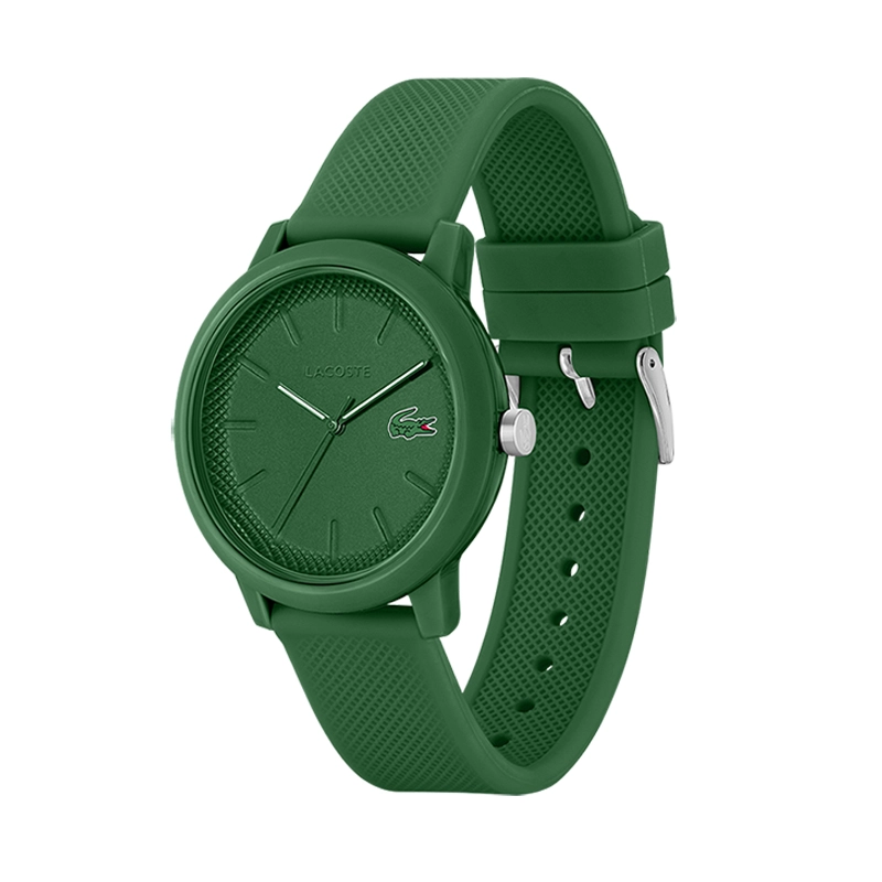 Reloj Lacoste analogo, para Hombre, tablero redondo color verde, estilo index, pulso silicona color verde