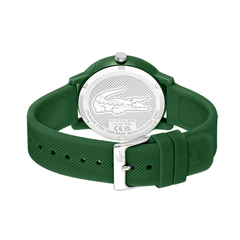 Reloj Lacoste analogo, para Hombre, tablero redondo color verde, estilo index, pulso silicona color verde