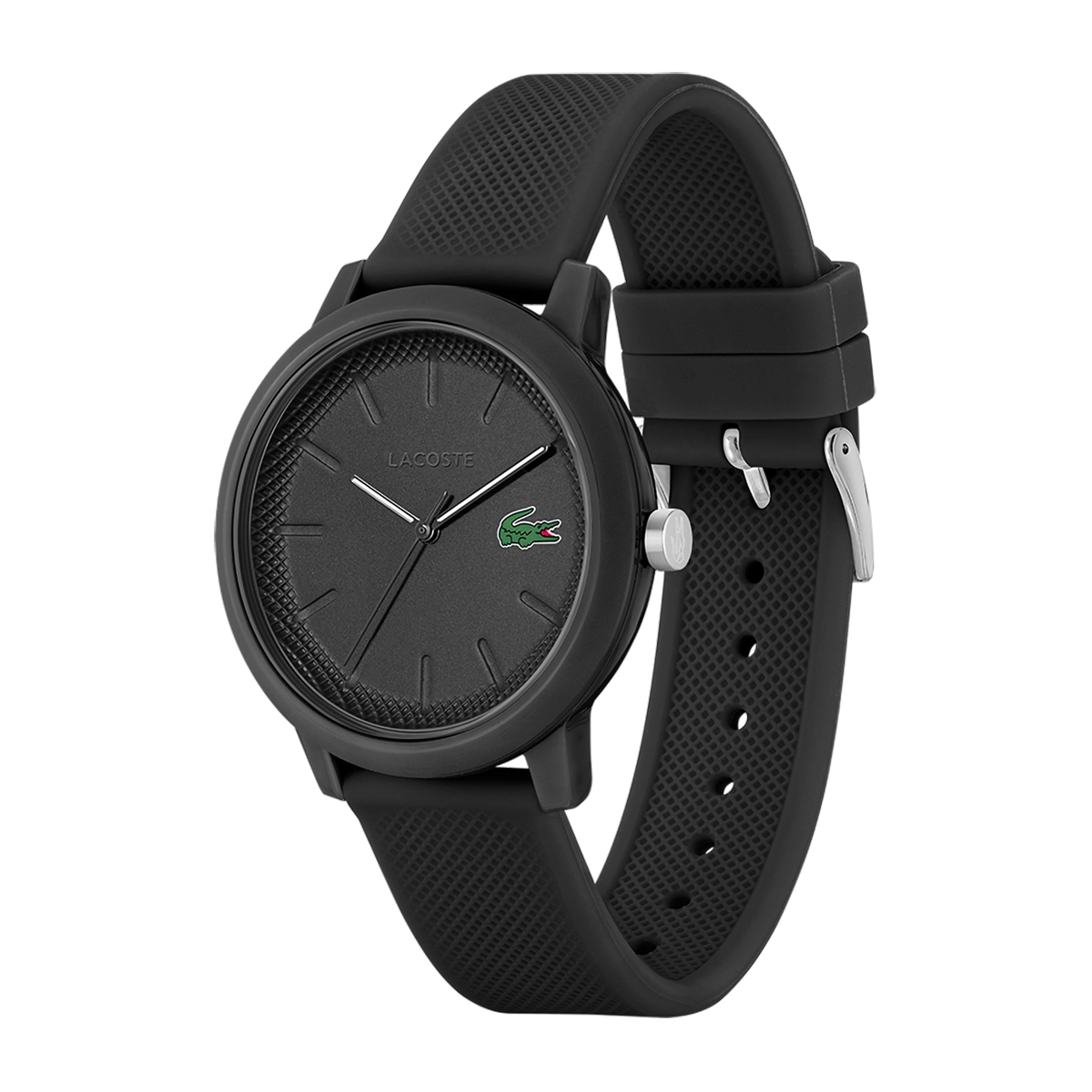 Reloj Lacoste análogo, para Hombre, tablero redondo color negro, estilo index, pulso silicona color negro