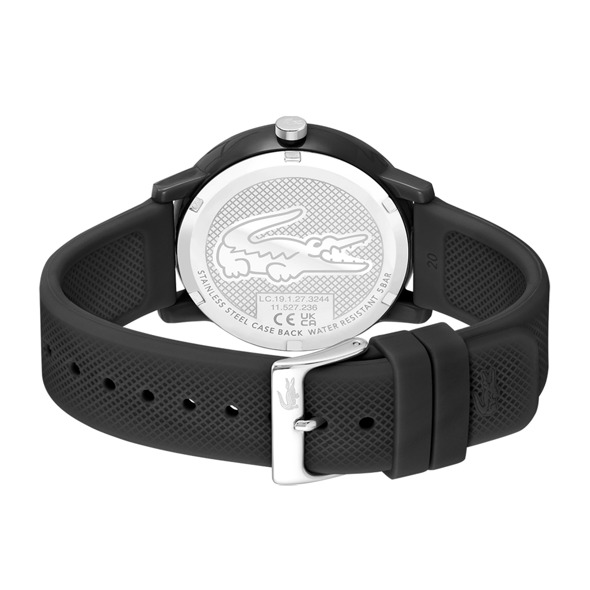 Reloj Lacoste análogo, para Hombre, tablero redondo color negro, estilo index, pulso silicona color negro