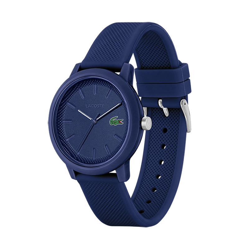 Reloj Lacoste análogo, para Hombre, tablero redondo color azul, estilo index, pulso silicona color azul