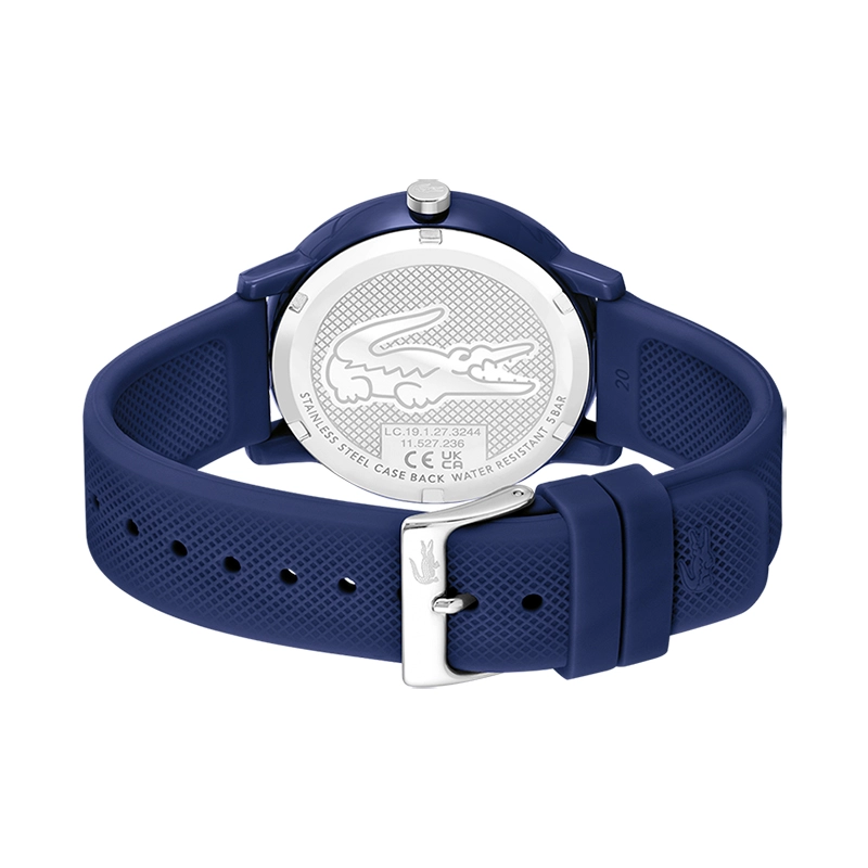 Reloj Lacoste análogo, para Hombre, tablero redondo color azul, estilo index, pulso silicona color azul