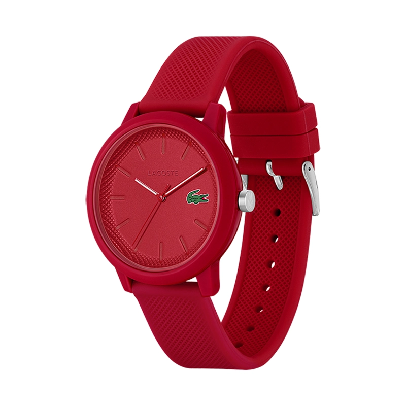 Reloj Lacoste analogo, para Hombre, tablero redondo color rojo, estilo index, pulso silicona color rojo