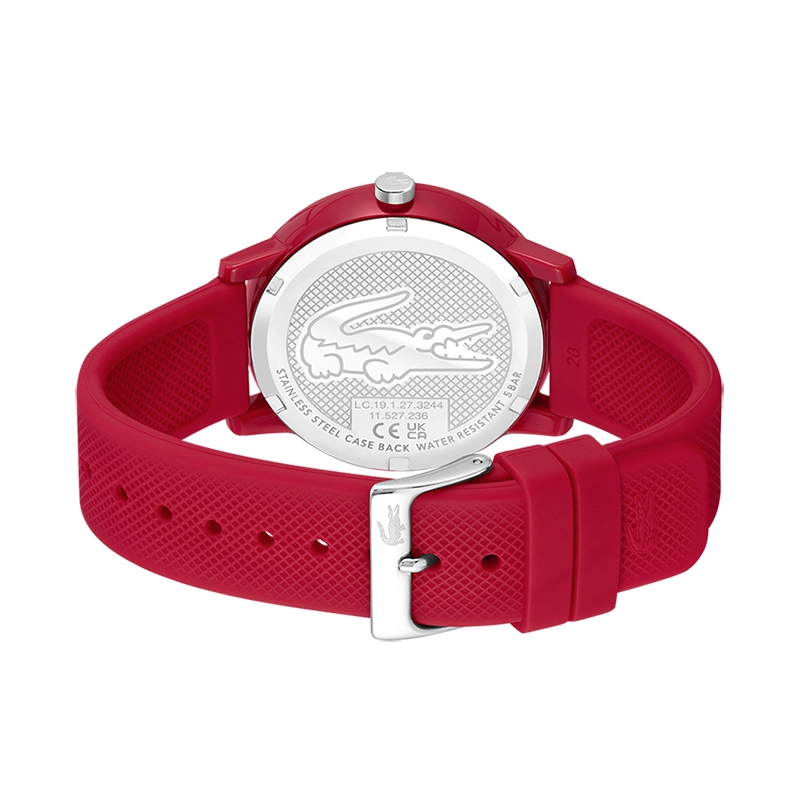 Reloj Lacoste analogo, para Hombre, tablero redondo color rojo, estilo index, pulso silicona color rojo