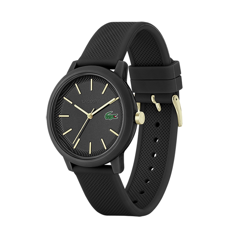 Reloj Lacoste análogo, para Hombre, tablero redondo color negro, estilo index, pulso silicona color negro