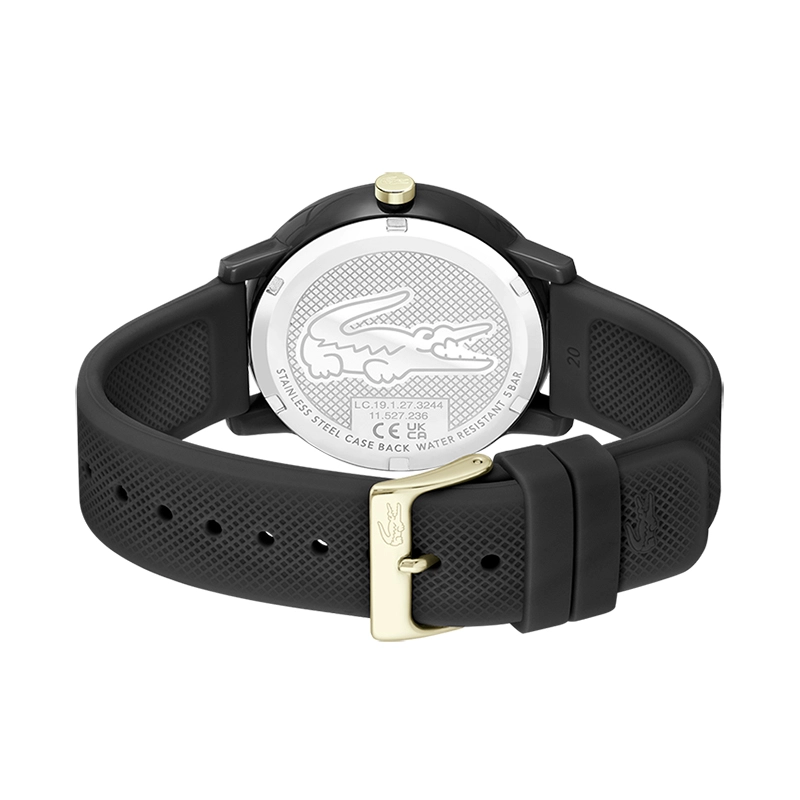 Reloj Lacoste análogo, para Hombre, tablero redondo color negro, estilo index, pulso silicona color negro