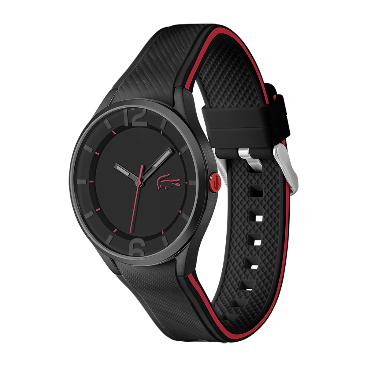 Reloj Lacoste analogo, para Hombre, tablero redondo color negro, estilo index + arabigo, pulso silicona colores negro y rojo