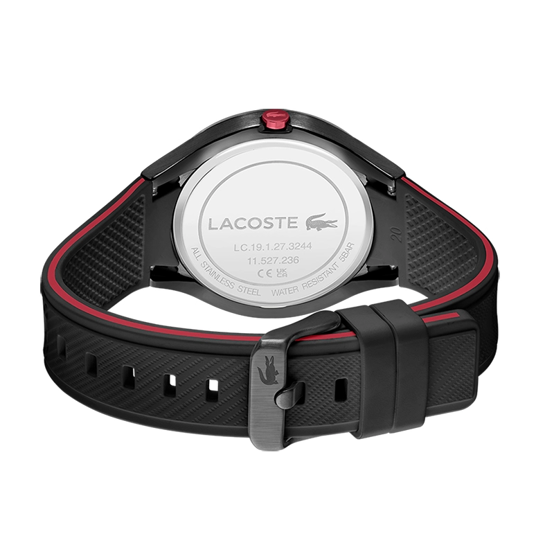 Reloj Lacoste analogo, para Hombre, tablero redondo color negro, estilo index + arabigo, pulso silicona colores negro y rojo