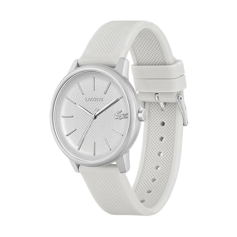 Reloj Lacoste analogo, para Hombre, tablero redondo color gris, estilo index, pulso silicona color plateado