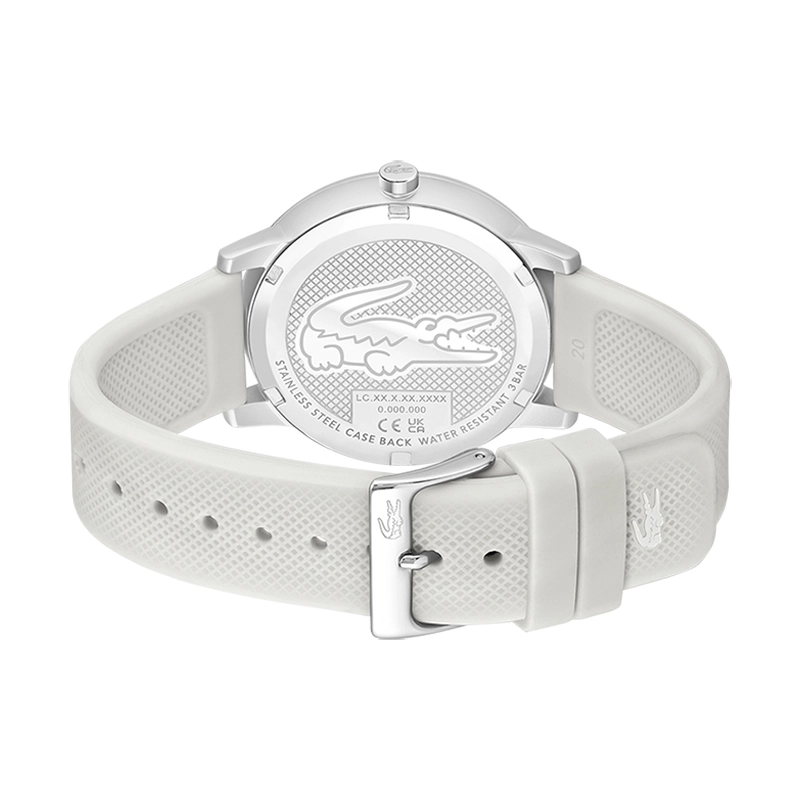 Reloj Lacoste analogo, para Hombre, tablero redondo color gris, estilo index, pulso silicona color plateado