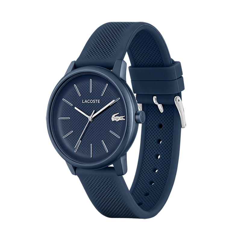 Reloj Lacoste analogo, para Hombre, tablero redondo color azul, estilo index, pulso silicona color azul