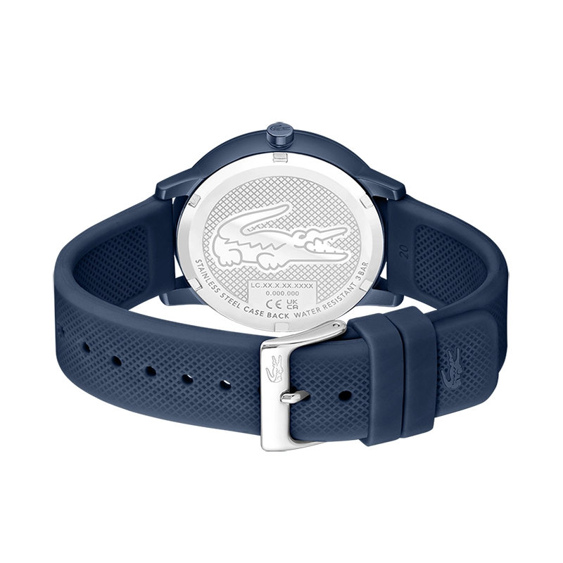 Reloj Lacoste analogo, para Hombre, tablero redondo color azul, estilo index, pulso silicona color azul