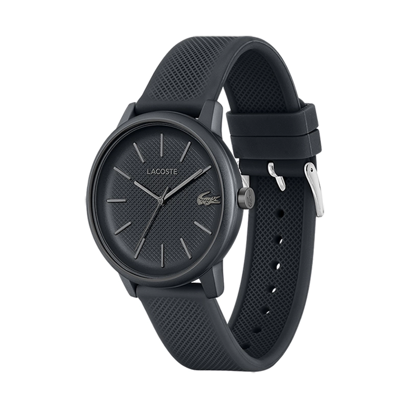 Reloj Lacoste analogo, para Hombre, tablero redondo color gris, estilo index, pulso silicona color gris