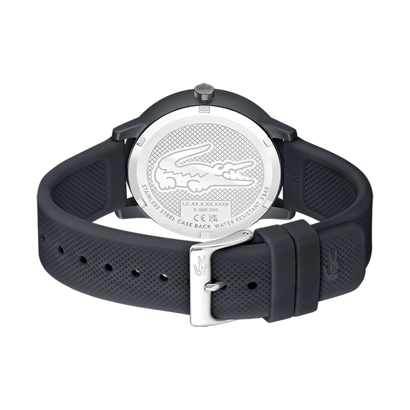 Reloj Lacoste analogo, para Hombre, tablero redondo color gris, estilo index, pulso silicona color gris