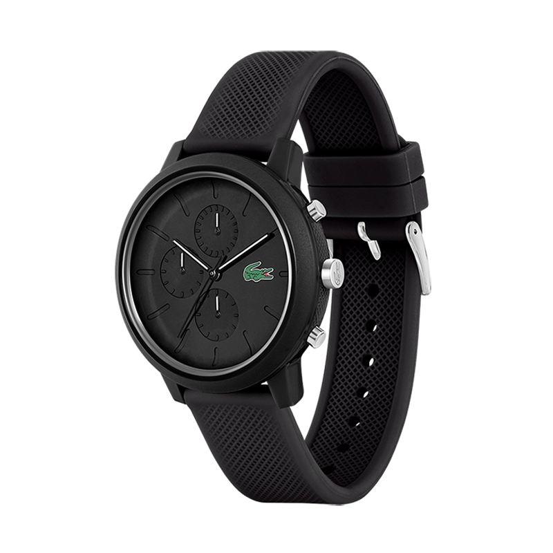 Reloj Lacoste analogo, para Hombre, tablero redondo color negro, estilo index, pulso silicona color negro, cronografo