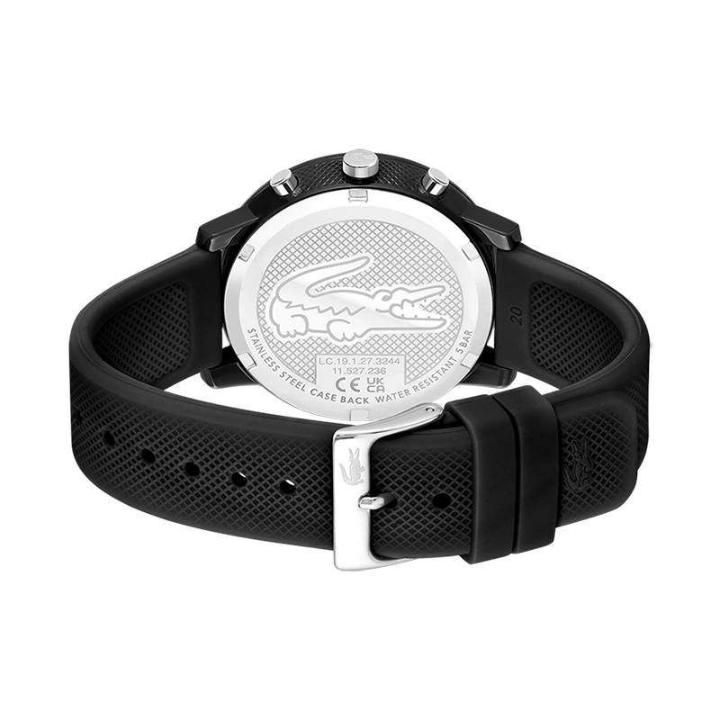 Reloj Lacoste analogo, para Hombre, tablero redondo color negro, estilo index, pulso silicona color negro, cronografo