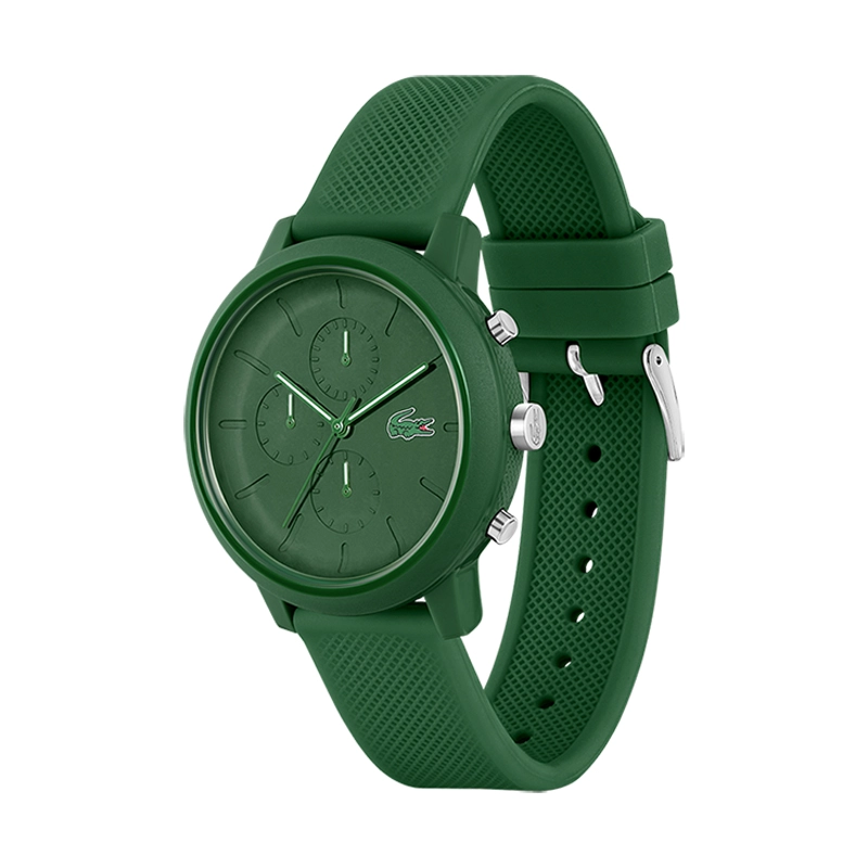 Reloj Lacoste analogo, para Hombre, tablero redondo color verde, estilo index, pulso silicona color verde, cronografo