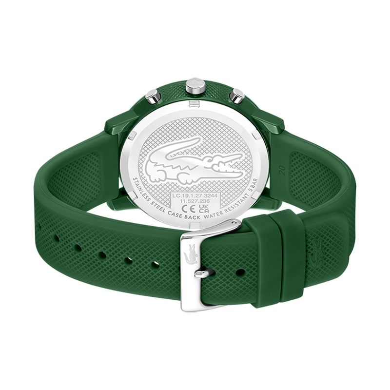 Reloj Lacoste analogo, para Hombre, tablero redondo color verde, estilo index, pulso silicona color verde, cronografo