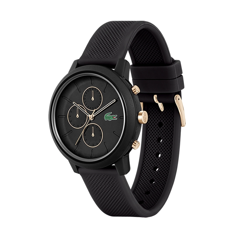 Reloj Lacoste analogo, para Hombre, tablero redondo color negro, estilo index, pulso silicona color negro, cronografo