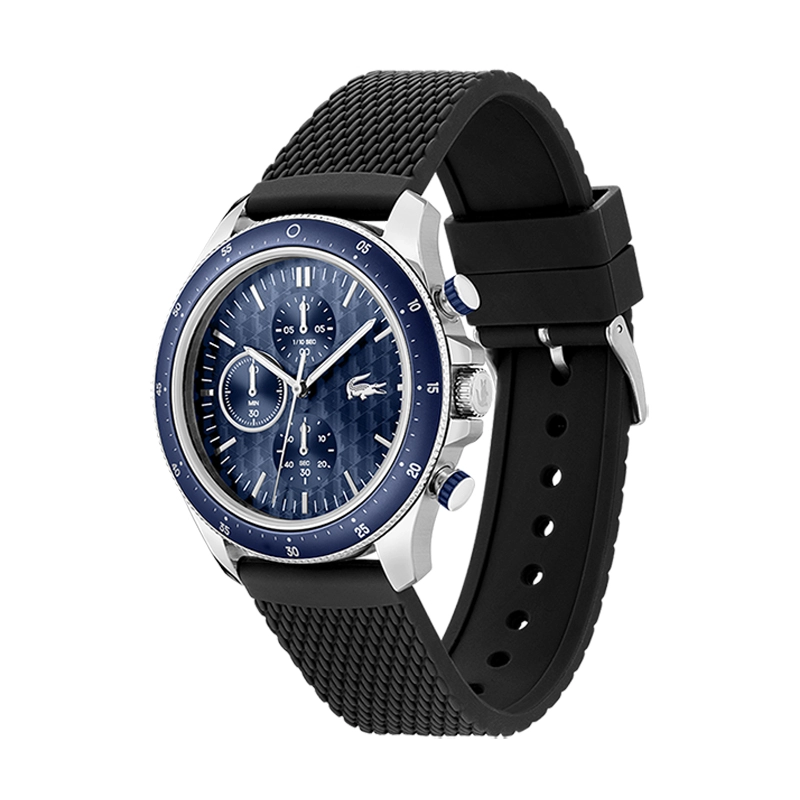 Reloj Lacoste analogo, para Hombre, tablero redondo color azul, estilo index, pulso silicona color negro, cronografo