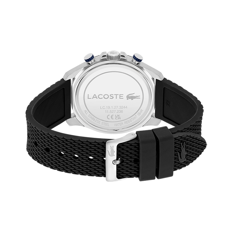 Reloj Lacoste analogo, para Hombre, tablero redondo color azul, estilo index, pulso silicona color negro, cronografo