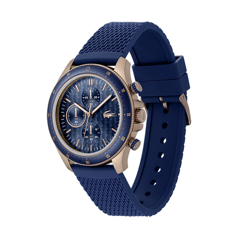 Reloj Lacoste analogo, para Hombre, tablero redondo colores azul y rosa, estilo index, pulso silicona color azul, cronografo