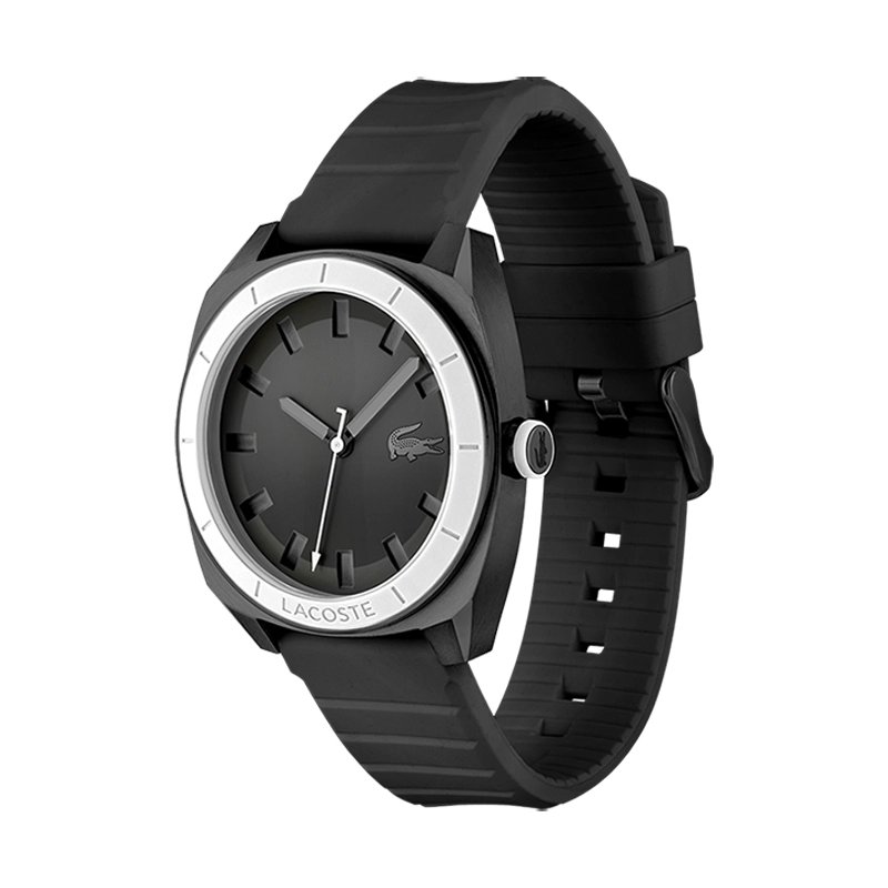 Reloj Lacoste analogo, para Hombre, tablero redondo color negro, estilo index, pulso silicona color negro