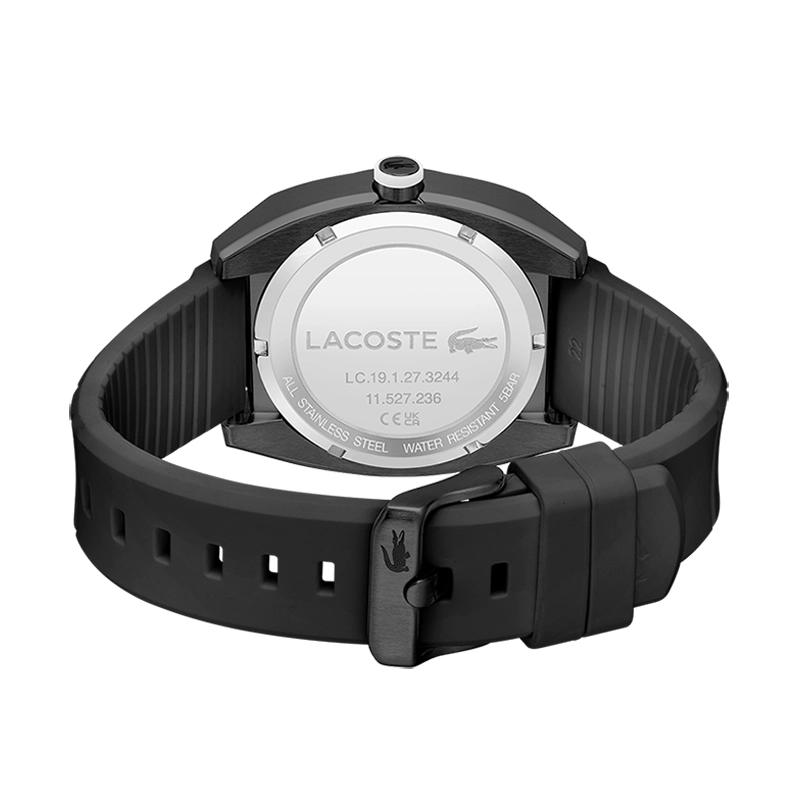 Reloj Lacoste analogo, para Hombre, tablero redondo color negro, estilo index, pulso silicona color negro